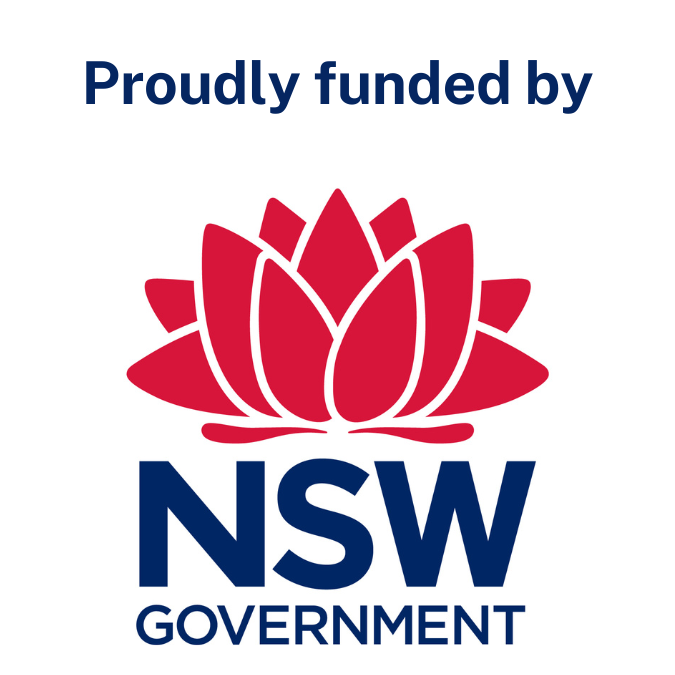 NSW Government Logo featuring a red Waratah flower and dark blue text that states "Proudly funded by NSW Government"